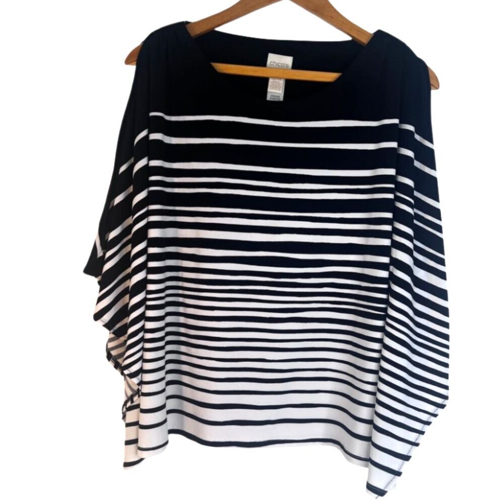 Chicos Striped Poncho Blouse Metal Tab Shoulders Size S/M Open Shoulder